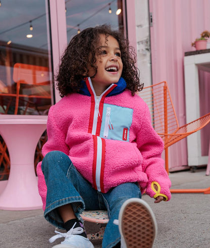 Giacca in pile bambino fuchsia, tasca blu, collo alto Hello Hossy