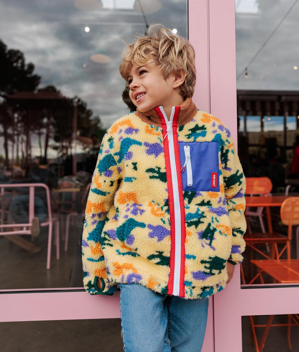 Giacca in pile per bambini gialla e viola, stampa camouflage, tasca frontale con zip Hello Hossy