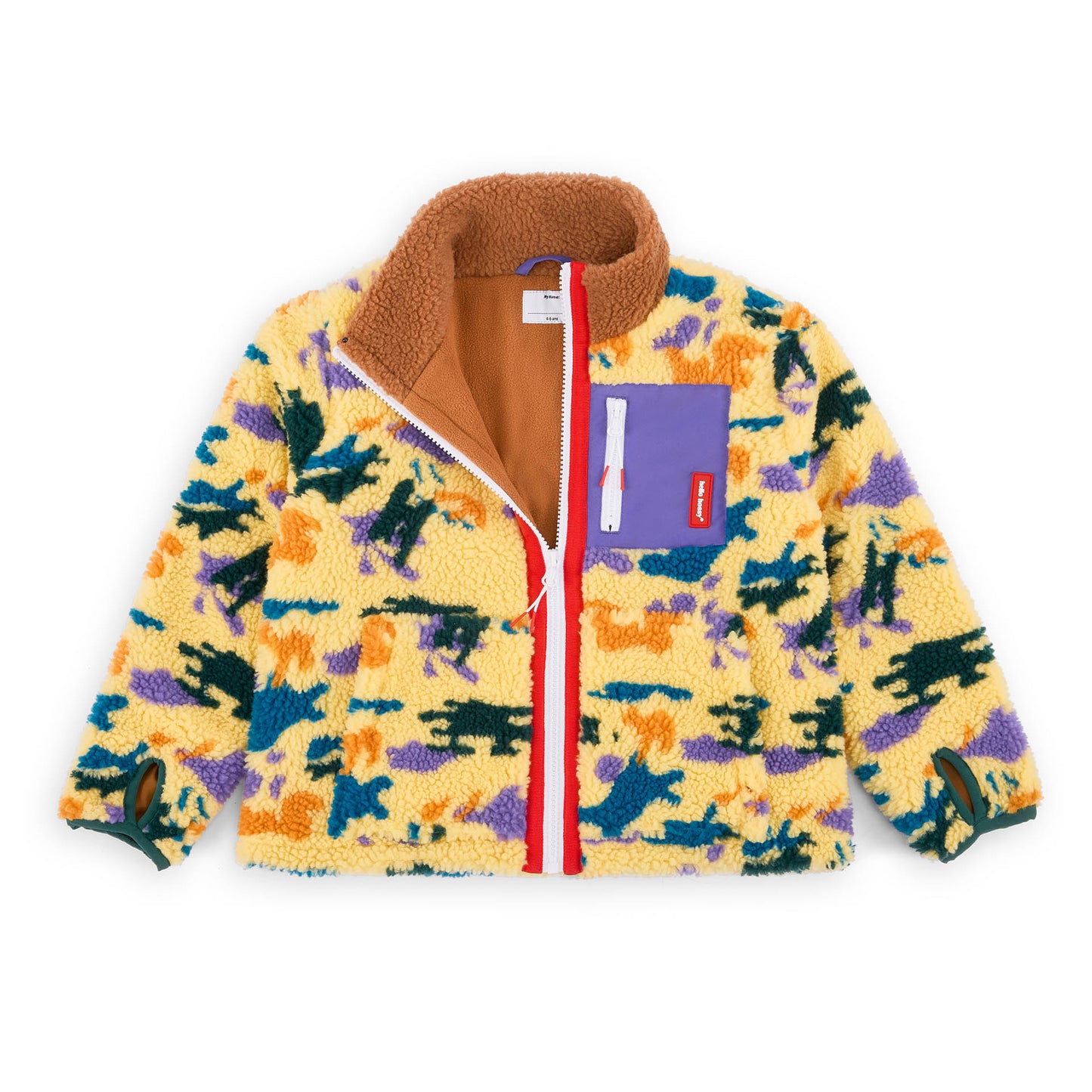 Giacca in pile per bambini gialla e viola, motivo camouflage, tasca violette Hello Hossy