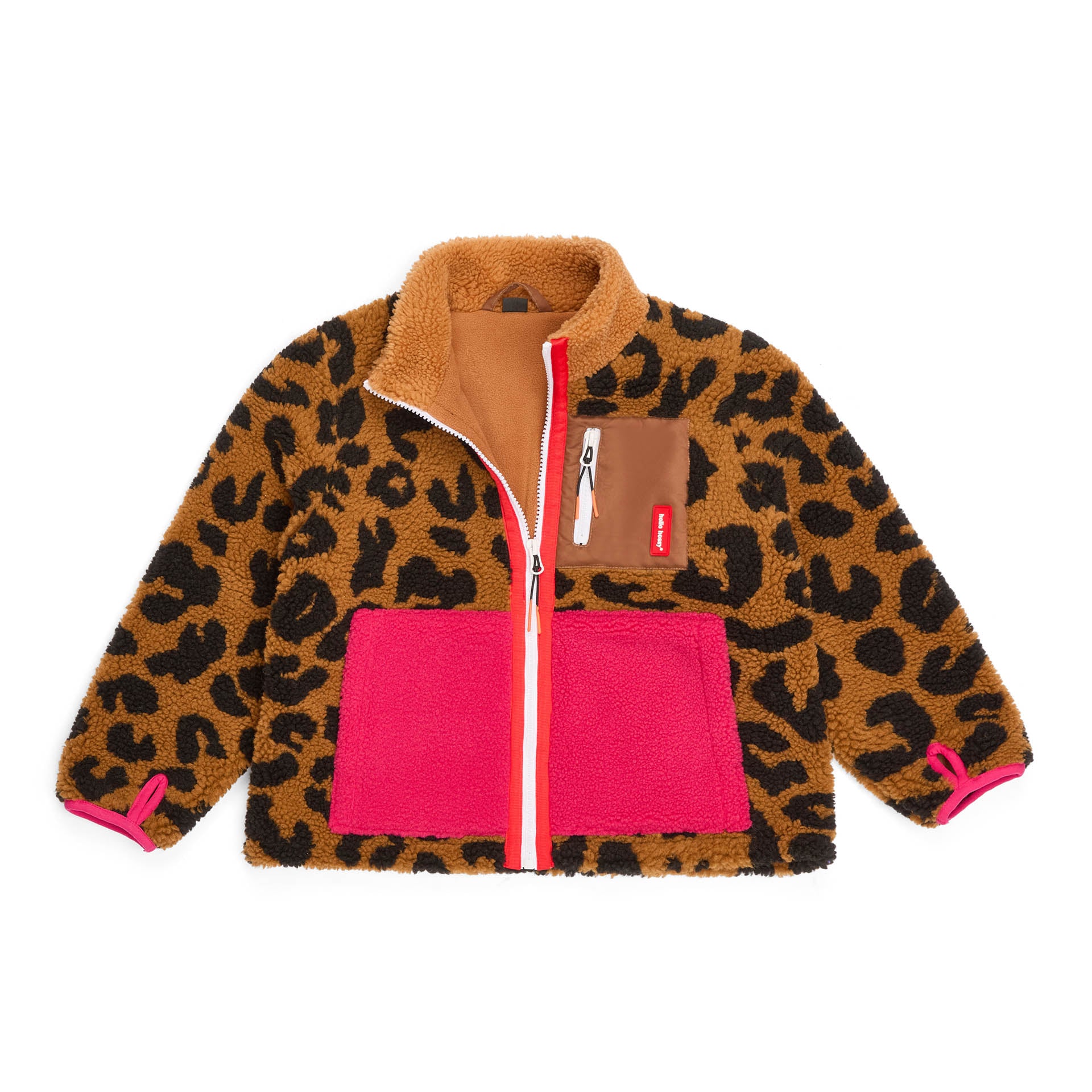 Giacca in pile per bambino con stampa leopard, vista piatta Hello Hossy