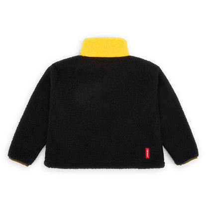 Giacca in pile per bambini nera, colletto giallo, dettaglio rosso Hello Hossy
