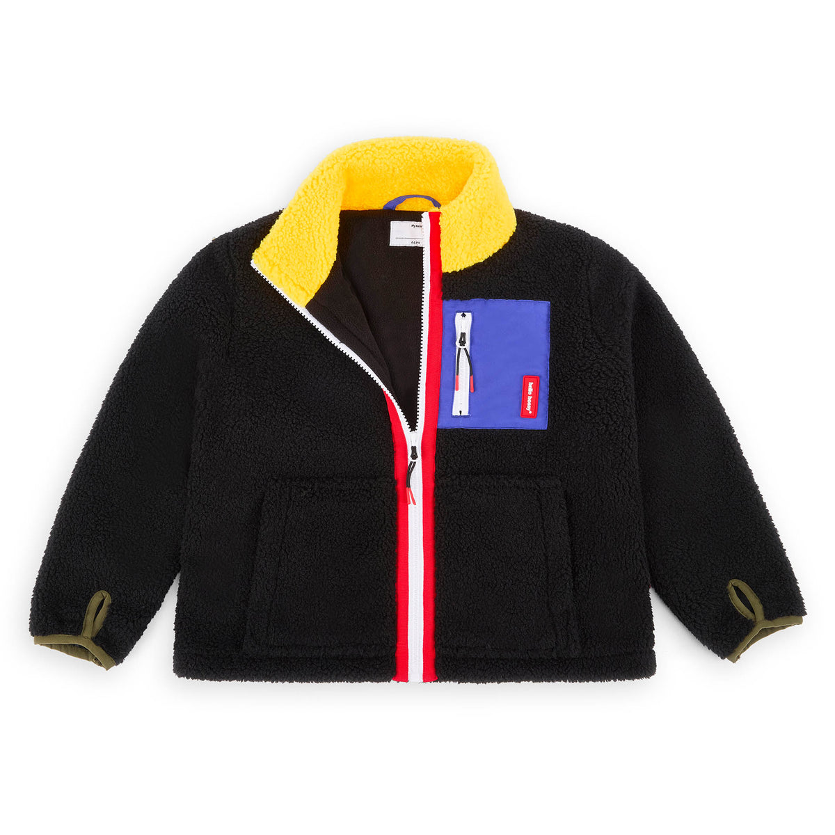 Giacca in pile bambino nera colletto giallo tasca con zip blu Hello Hossy