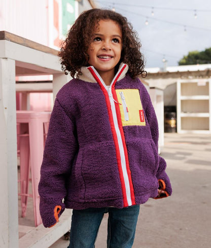 Giacca in pile bambino prune tasca gialla chiusura con zip rossa Hello Hossy