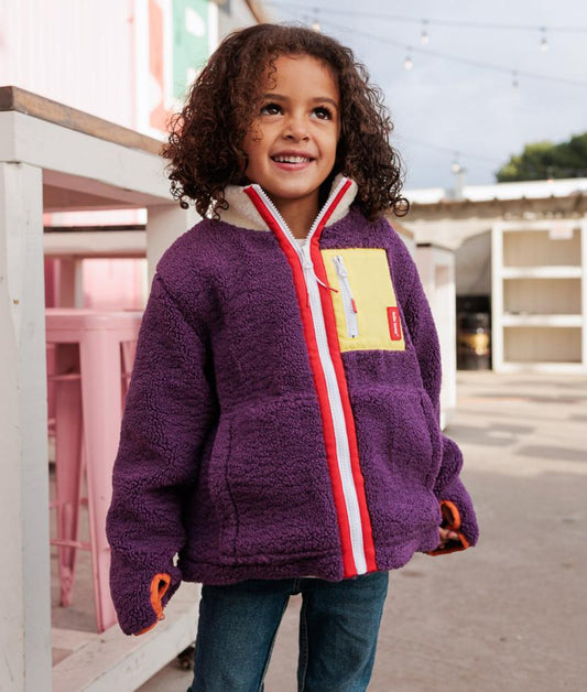 Giacca in pile bambino prune tasca gialla chiusura con zip rossa Hello Hossy