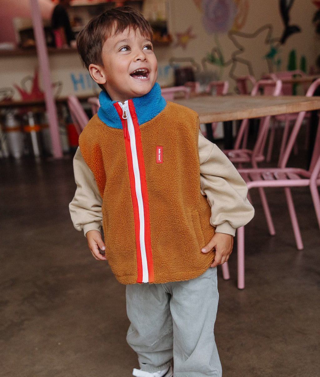 Gilet in pile bambino cammello blu collo alto zip rossa Hello Hossy