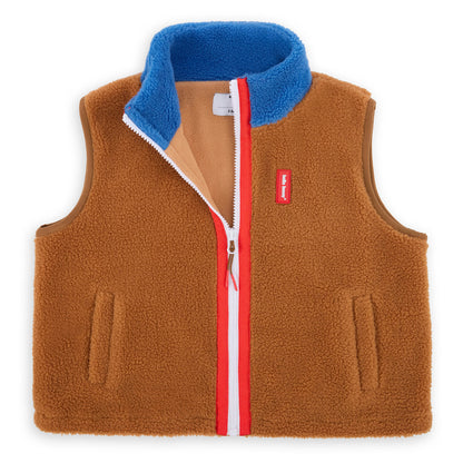 Gilet in pile per bambini color cammello, interno blu, zip rossa Hello Hossy
