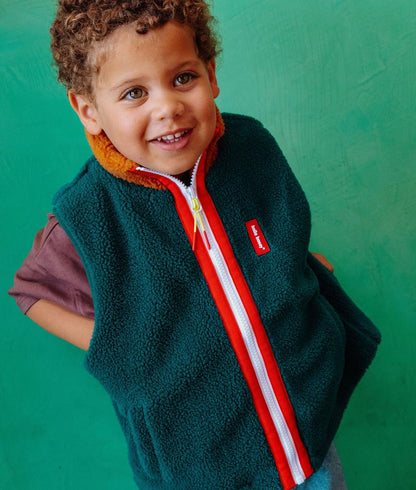 Gilet in pile smanicato da bambino blu, colletto arancione, chiusura con zip Hello Hossy