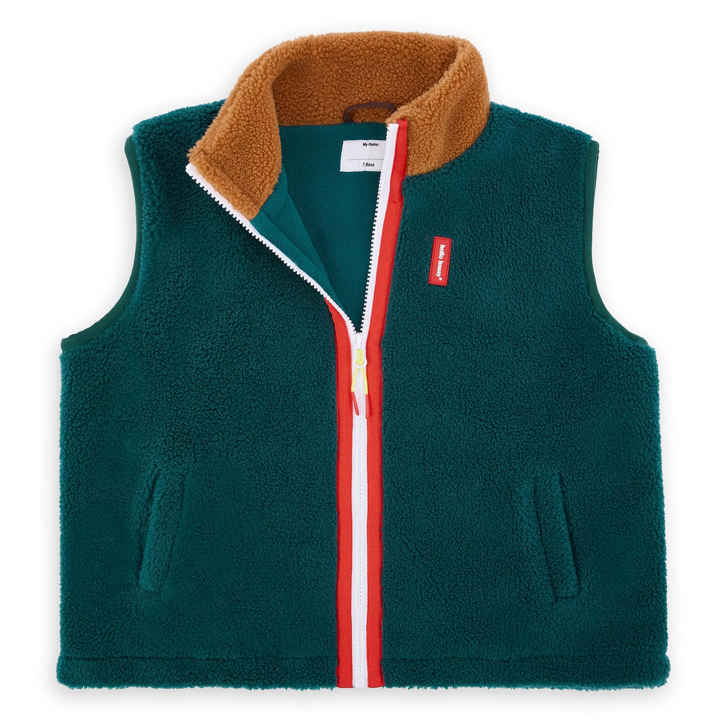 Gilet in pile smanicato per bambini blu e marrone, zip a contrasto Hello Hossy