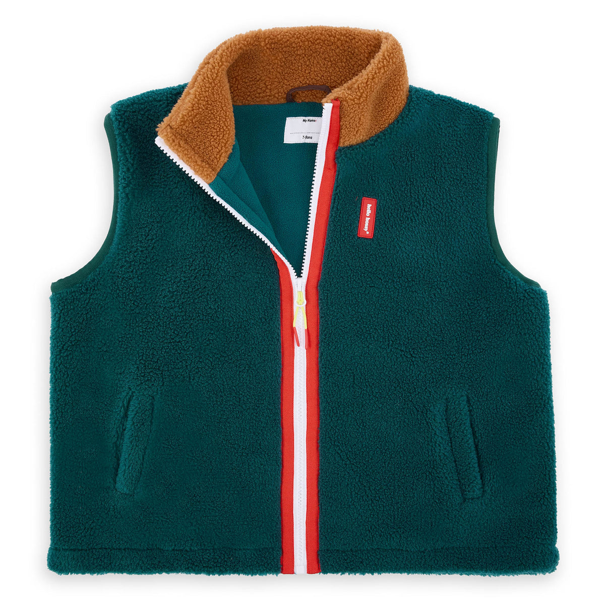 Gilet in pile smanicato per bambini blu e marrone, zip a contrasto Hello Hossy