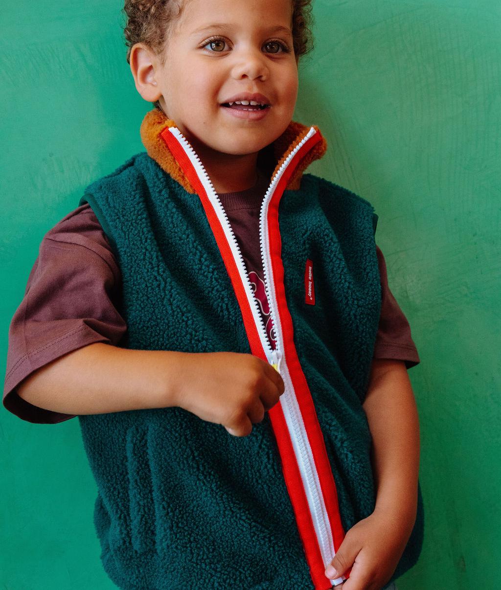 Gilet in pile smanicato per bambini blu e marrone, zip a contrasto Hello Hossy