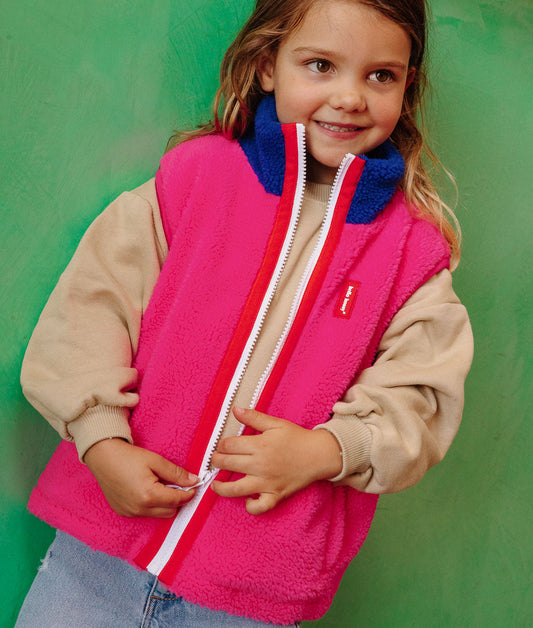 Gilet in pile da bambino fuchsia, colletto blu, chiusura con zip Hello Hossy