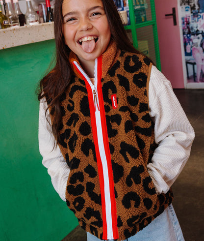 Gilet in pile per bambini marrone con motivo leopard e zip a contrasto Hello Hossy