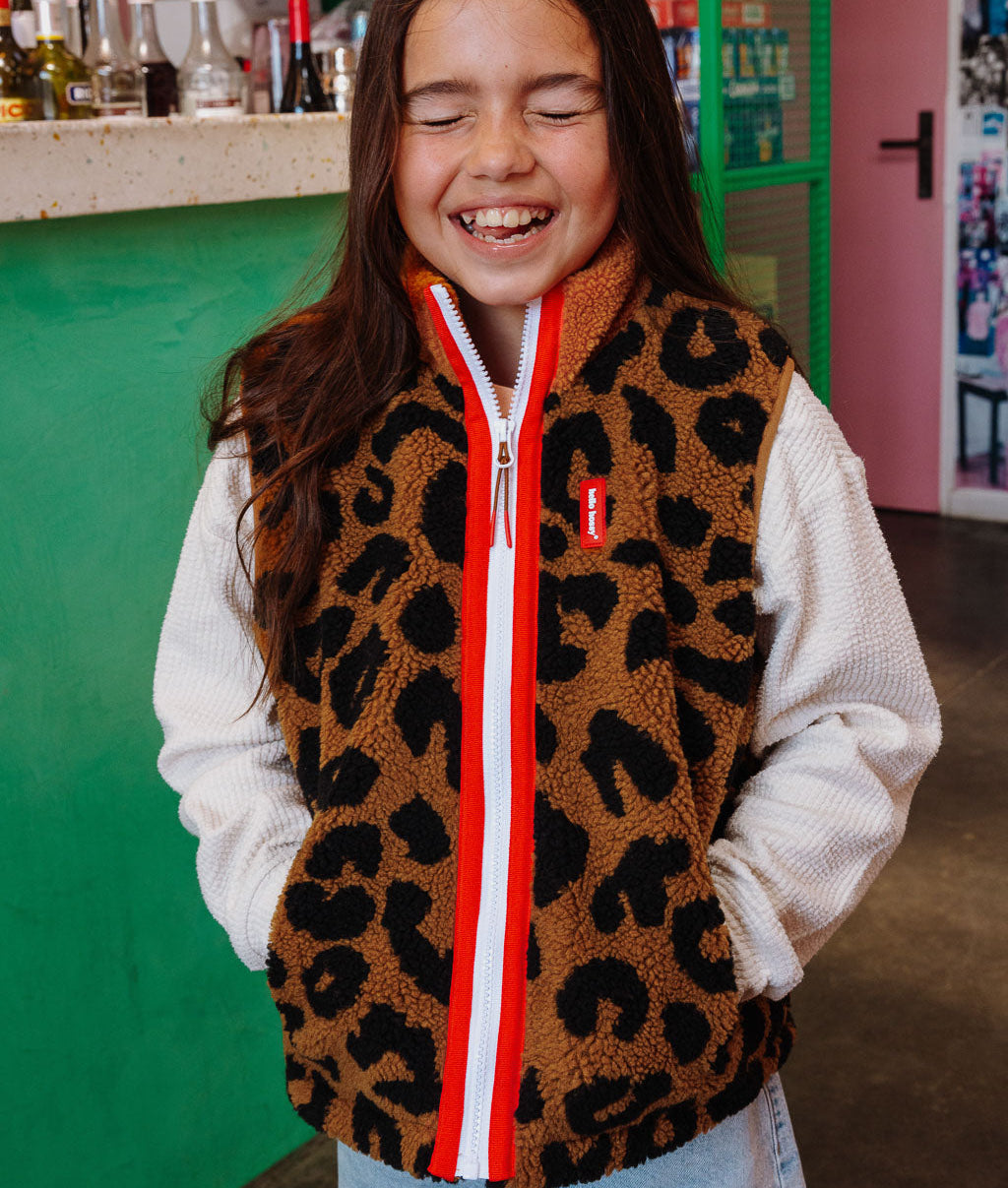Gilet in pile bambino marrone motivo leopard zip rosso Hello Hossy