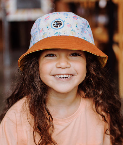 Bucket hat bambino bianco stampato viaggio bordo arancione Hello Hossy