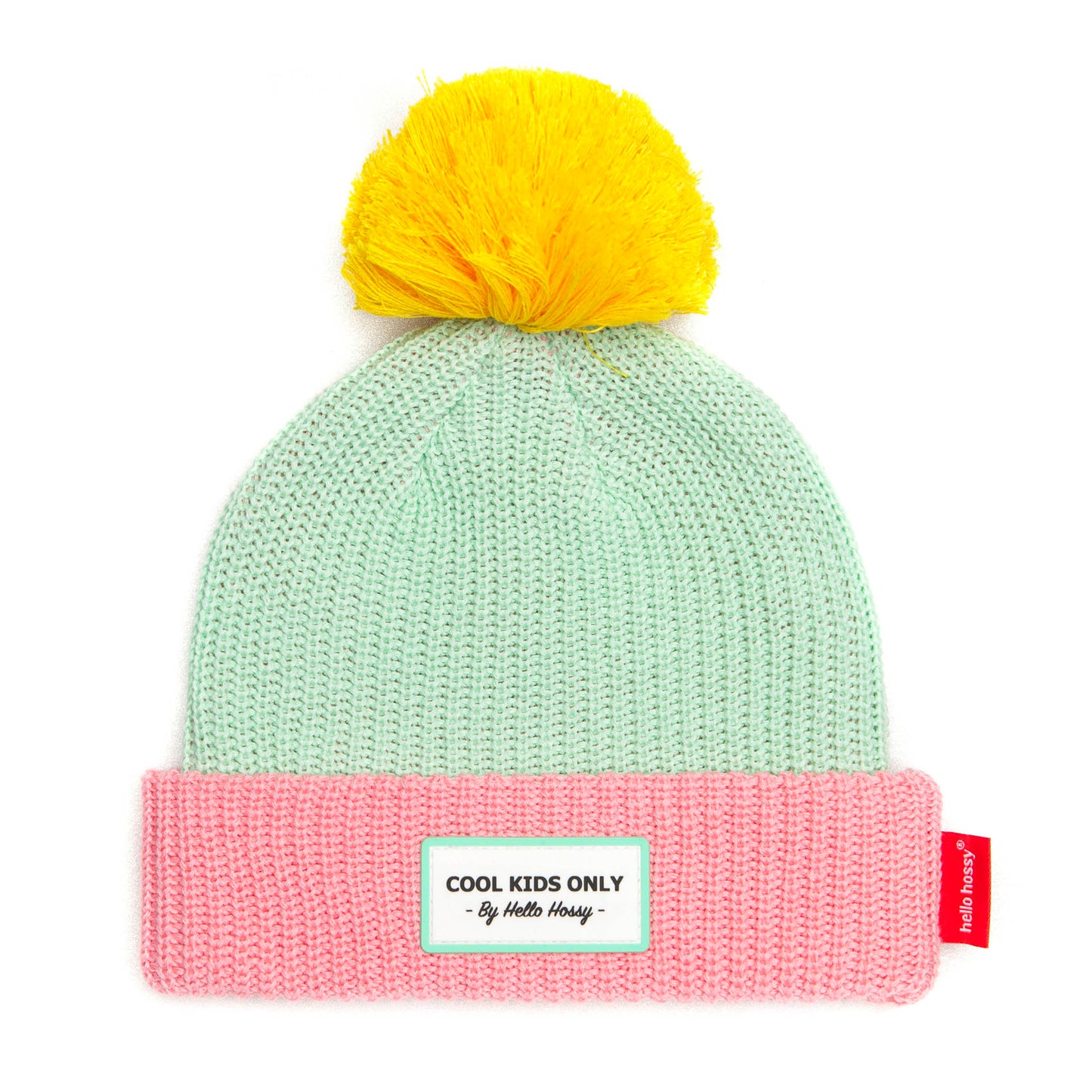 Berretto bambino verde berretto rosa pompon giallo etichetta ricamata Hello Hossy
