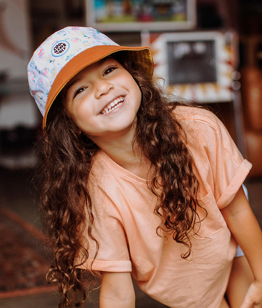 Bucket hat bambino bianco motivo viaggio bordo arancione Hello Hossy