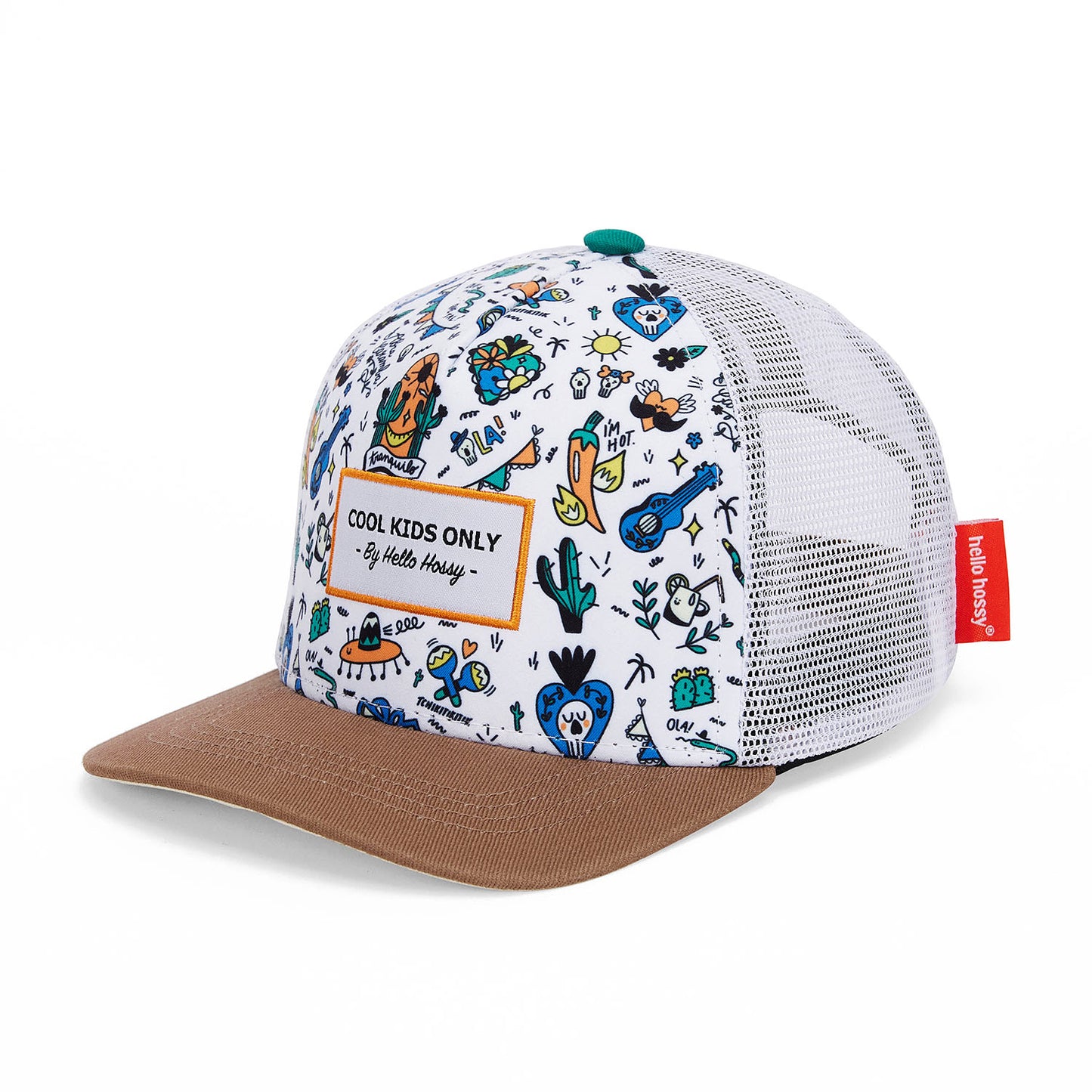 Cappellino da bambino bianco con stampa colorata, visiera marrone Hello Hossy