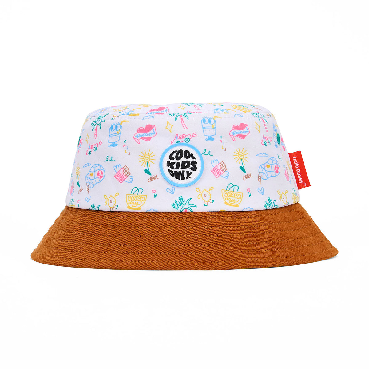 Bucket hat bambino bianco motivo viaggio stampa colorata bordo marrone Hello Hossy