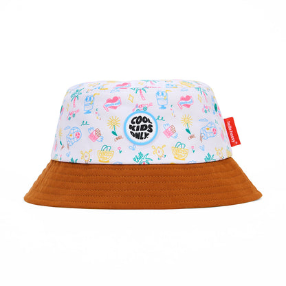 Bucket hat bambino bianco motivo viaggio stampa colorata bordo marrone Hello Hossy
