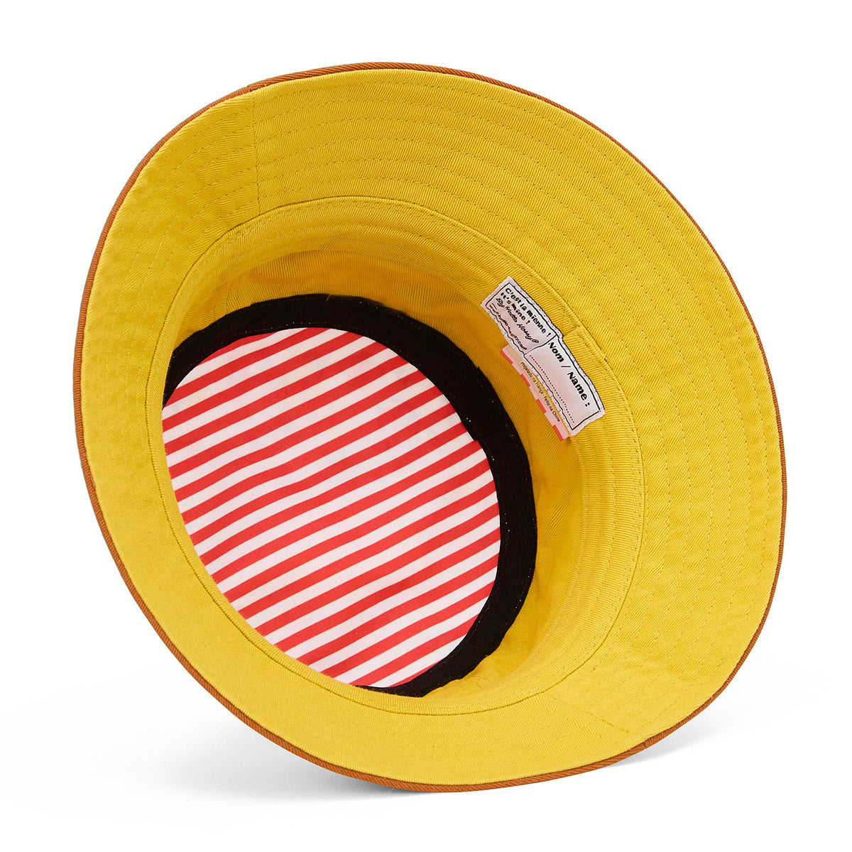 Bucket hat bambino bianco con bordo marrone e interno a righe rosso e bianco Hello Hossy