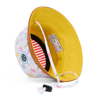 Bucket hat per bambini bianco con motivo viaggio e interno giallo Hello Hossy