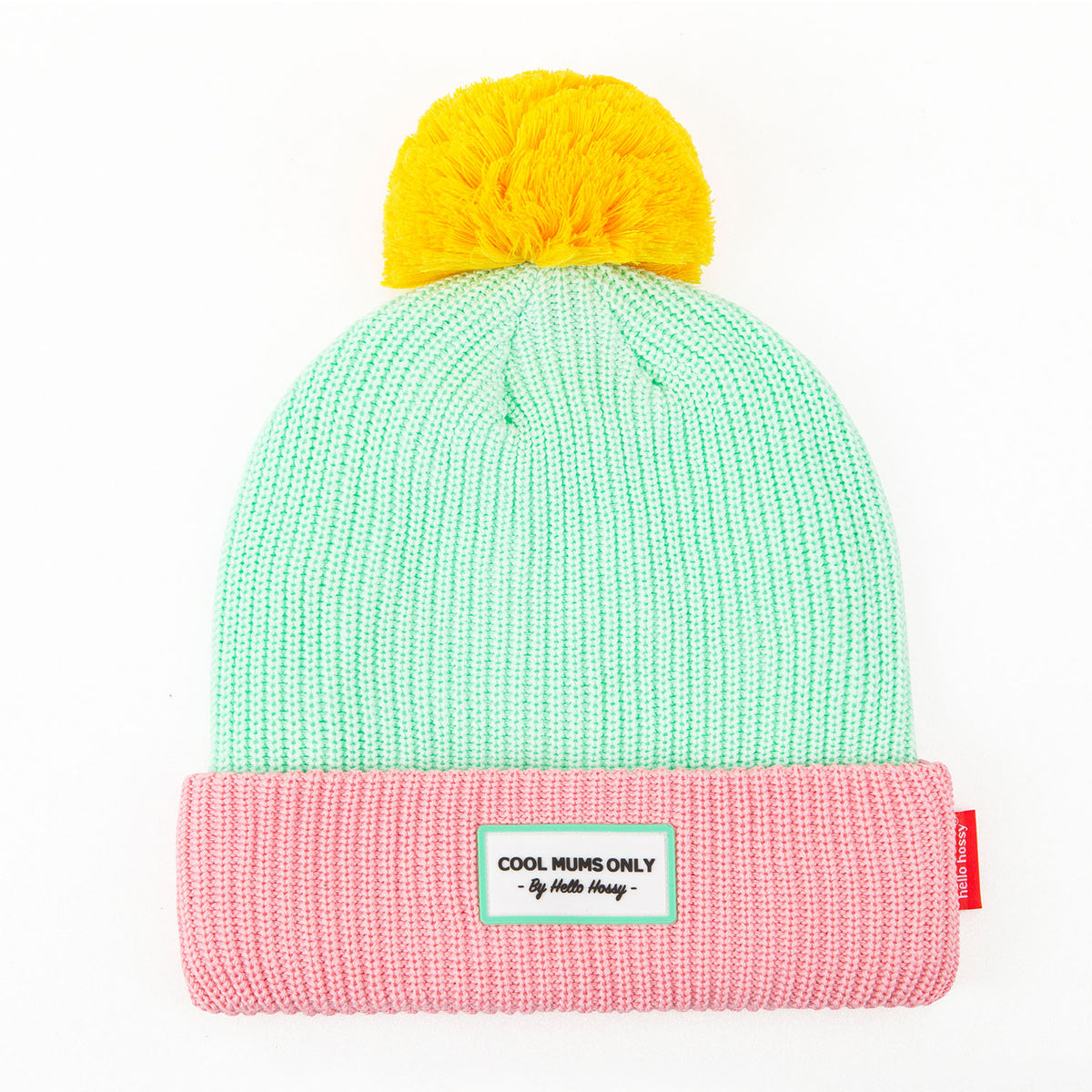 Berretto da bambino verde pastel con pompon giallo e bordo rosa Hello Hossy
